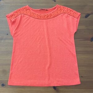 Unbranded Coral-Orange Knit and Eyelet Blouse - Small